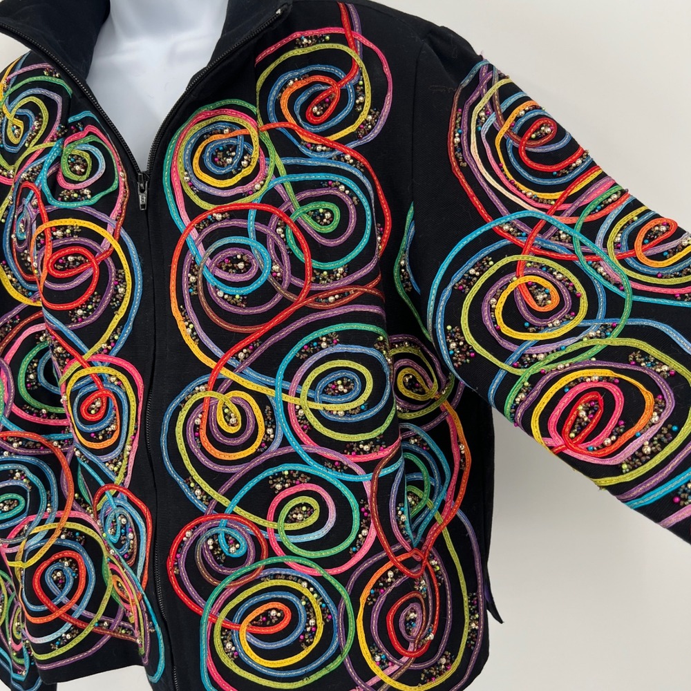 Vintage 90s Colorful Beaded Ribbon Jacket Black Circus Jester Maximalist Bright - Picture 4 of 9